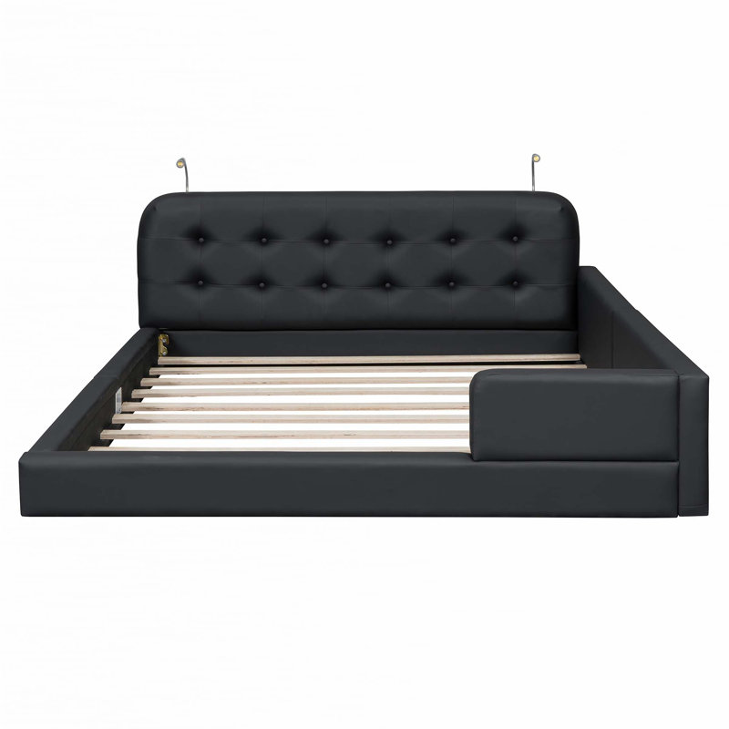 Grand lit plateforme tapissier avec 2 lampes de lecture, Noir