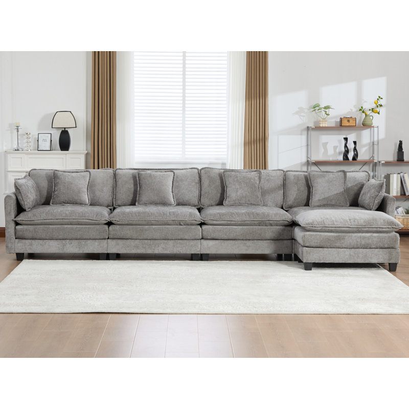 Schmucker L Shaped Modular Sectional Sofa, Oversized Cloud Couch With Ottoman, Gray Chenille, 33" H x 149.6" W x 35" D