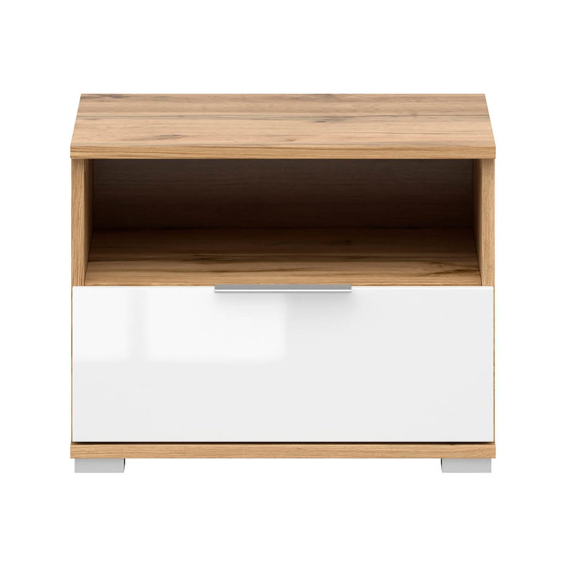 50cm W Composite Bedside Table, Oak Wotan/White Gloss
