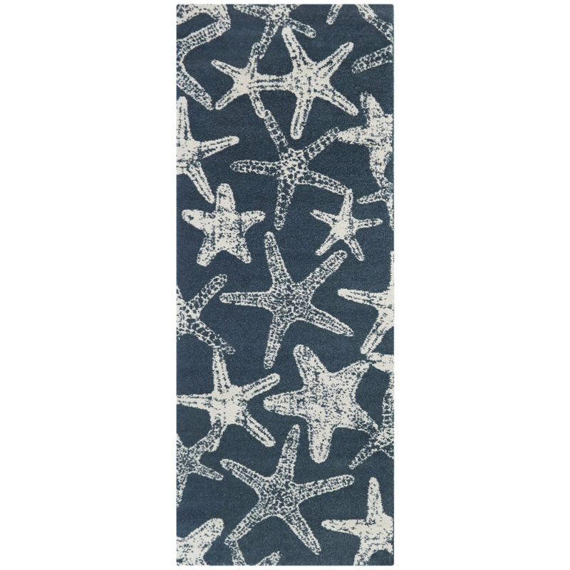 Tapis géométrique bleu / blanc Koski, Tapis de couloir 2 pi 7 po x 7 pi
