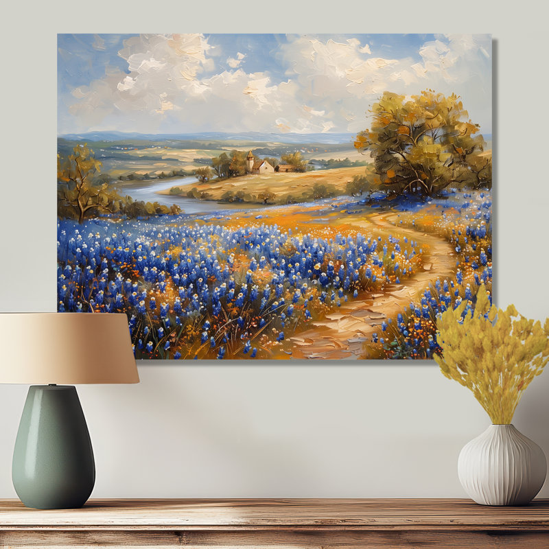 Bleu, vert, été, pré, charme, bleu, Bonnets I - Blue Bonnets, art mural, salon, Métal métal, 30" H x 40" W