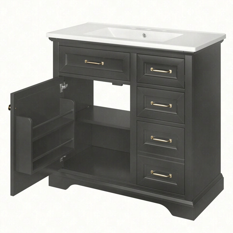 Meuble-lavabo 36 po avec lavabo, lavabo en céramique, 2 tiroirs basculants, charnières de porte à fermeture en douceur, Noir