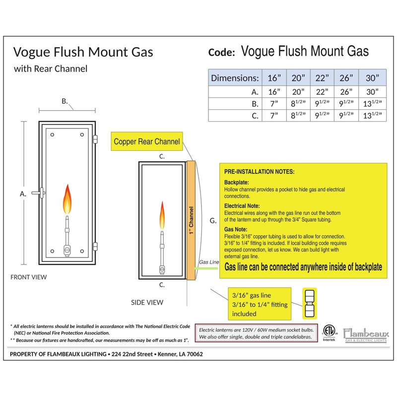 Lanterne encastrée au gaz 22 po avec canal arrière Flambeaux Vogue, 22" H x 9.5" W x 10.5" D