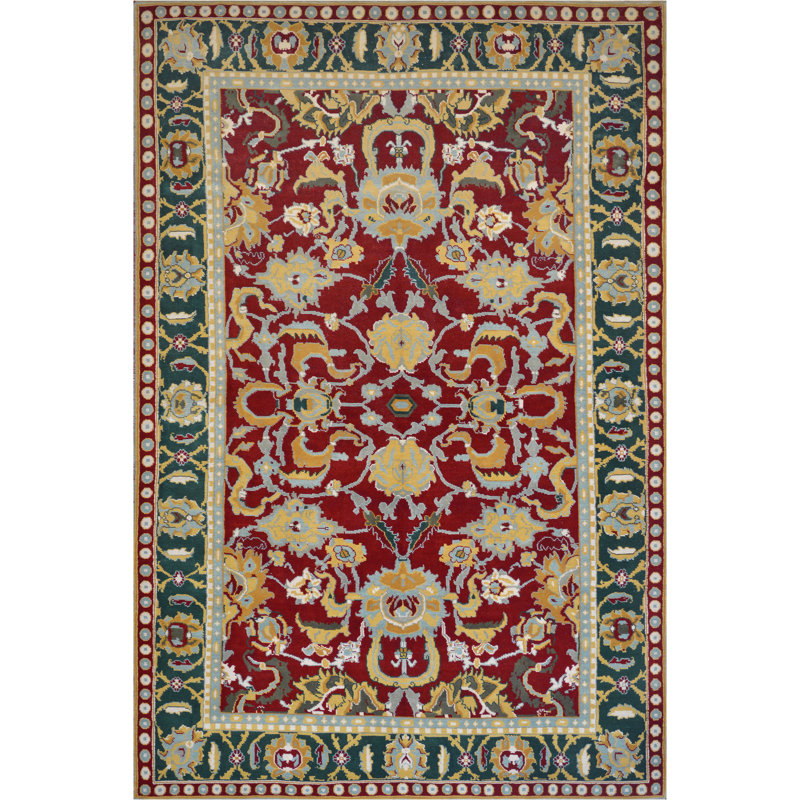 Tapis rouge / vert en laine véritable noué à la main