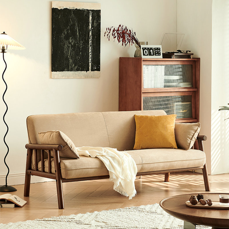 59.06"A tan chenille two-seater sofa with cushions., 30.31" H x 59.06" W x 28.74" D, 2