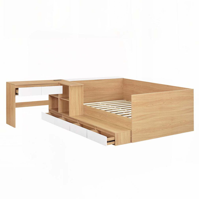 Lit plateforme en bois avec 6 tiroirs, tablettes et coiffeuse, Naturel