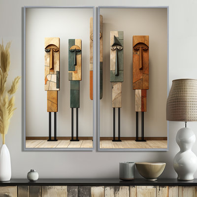 Totems de l'esprit africain traditionnel africain - décoration murale traditionnelle bleue 2 panneaux