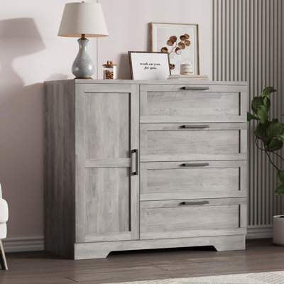 Armoire penderie H 43,3 po avec 4 tiroirs et 1 porte, tringle suspendue, commode en bois multifonctionnelle