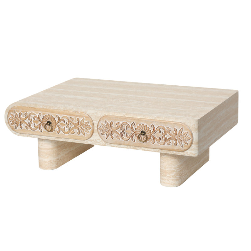Table basse à bord arrondi avec tiroir en bois massif à motif floral, table basse pour salon, bureau