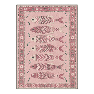 Washable Oriental Fish Pink / Ivory Area Rug With Non-Slip Backing