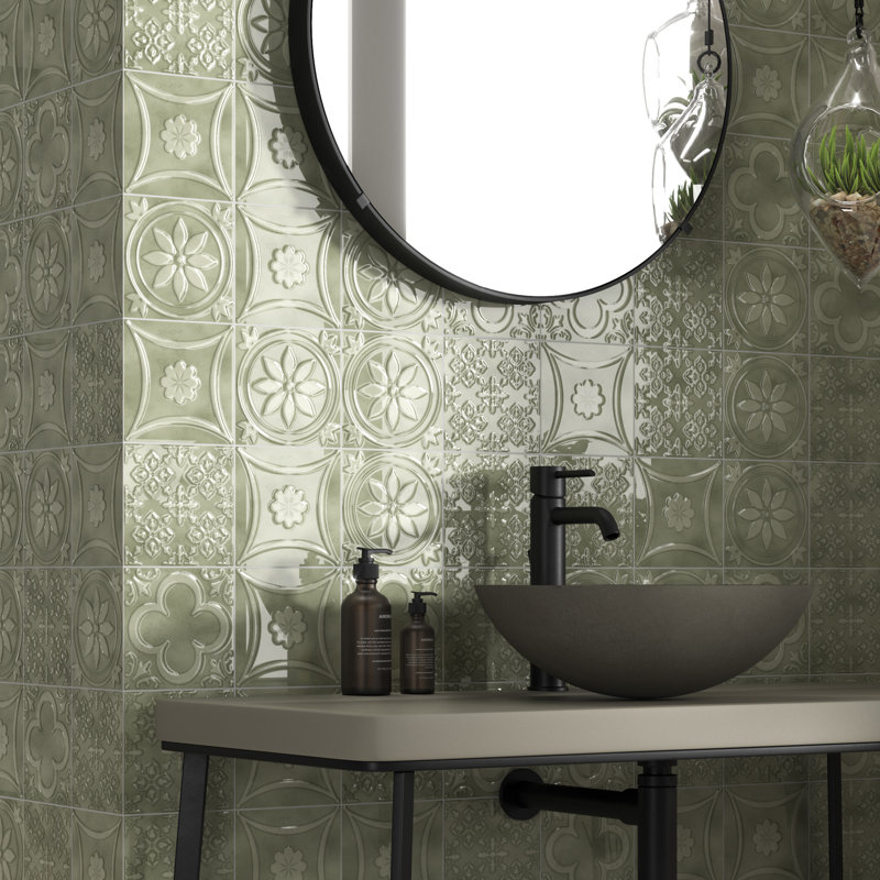 14.7 x 14.7 cm Beveled Porcelain Tile, Green