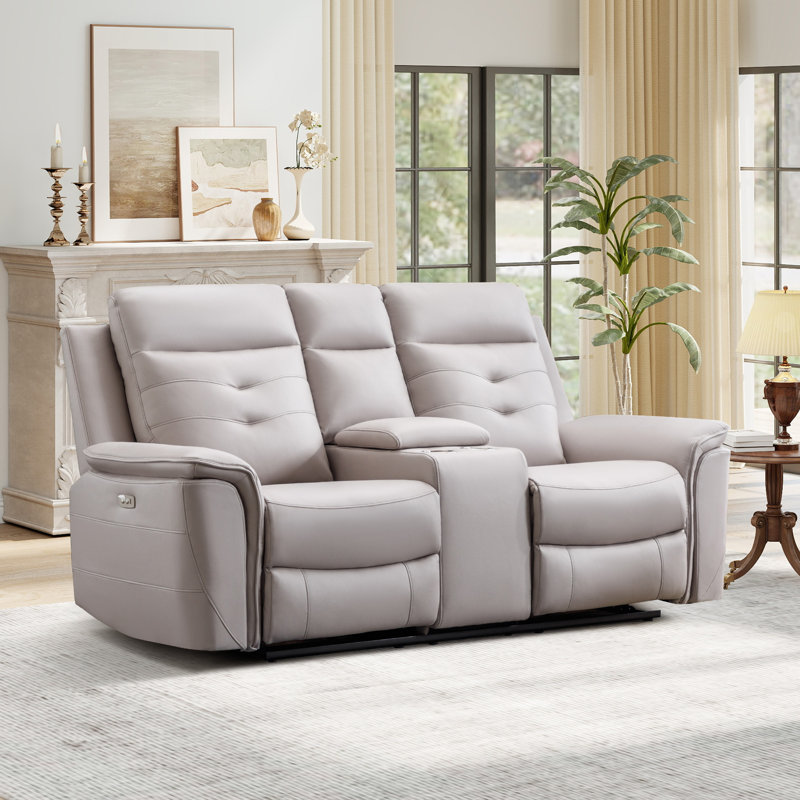Alteo 76.77'' Wide Modern Faux Leather Upholstered Loveseat with Arm Storage & USB & Dual Cupholders, Light Gray