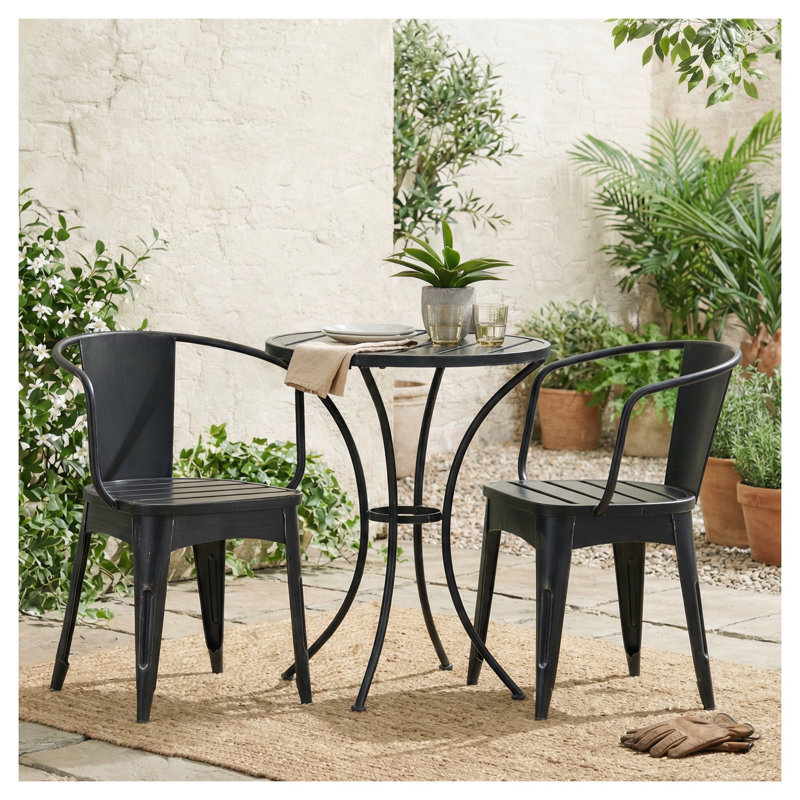 Ensemble bistro en métal 3 pièces avec table ronde et 2 chaises Colmar, mobilier d'extérieur noir et argent, Black