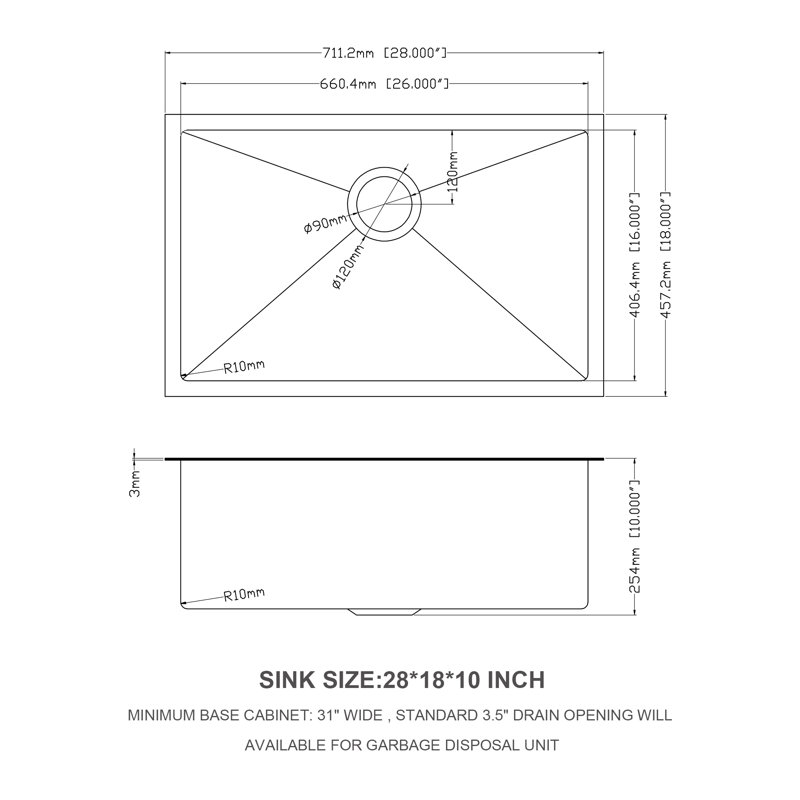 Évier de cuisine encastrable 28 po - évier de cuisine encastré noir en acier inoxydable 28 po x 18 po x 10 po Gauge 16