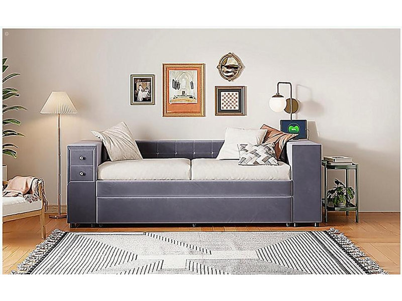 Lit double en tissu avec espace de rangement et lit simple avec tiroirs, velours