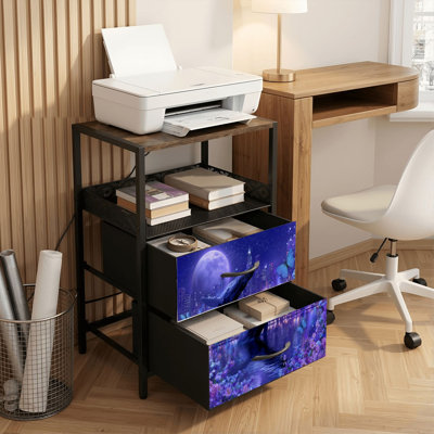 Table de chevet 2 tiroirs avec station de charge, table de chevet de chambre à coucher avec ports USB, tablette ouverte noire, table de chevet avec imprimé de baleines bleues flottantes Magical Night Sky