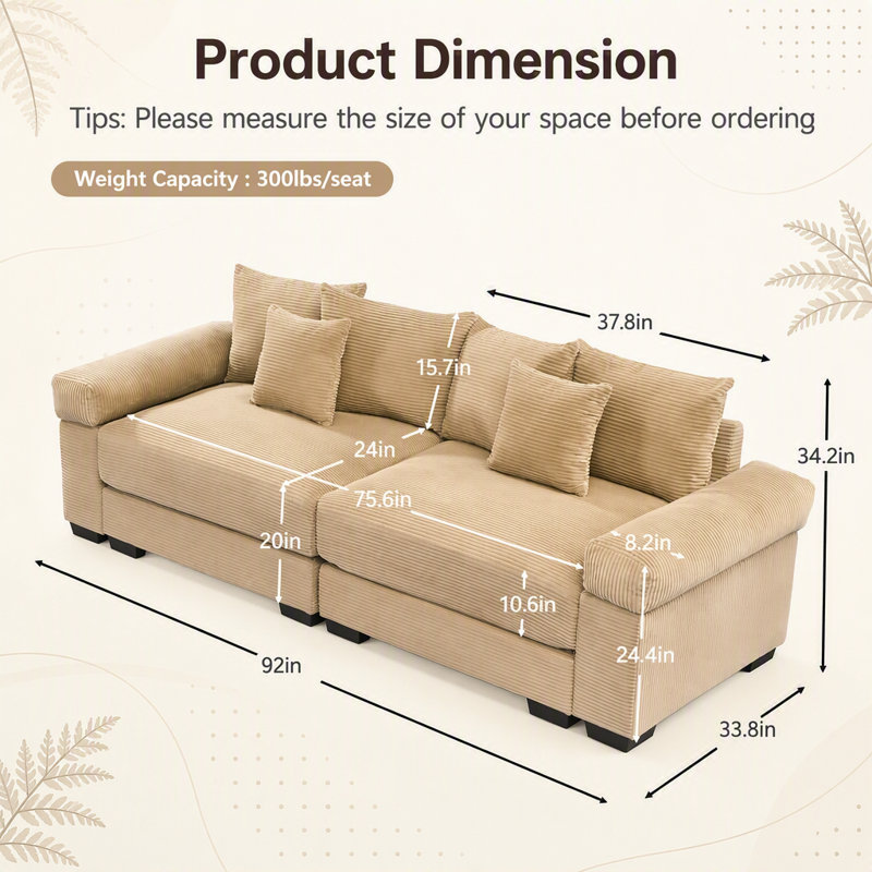 Coussin modulaire surdimensionné de 92 po Cloud, Velours côtelé chameau