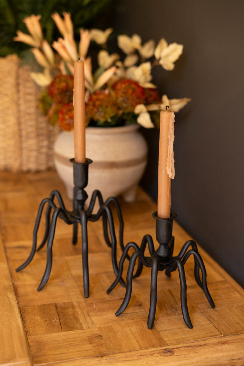  Set of 2 Spider Taper Candle Holders Black Iron 8.5" H