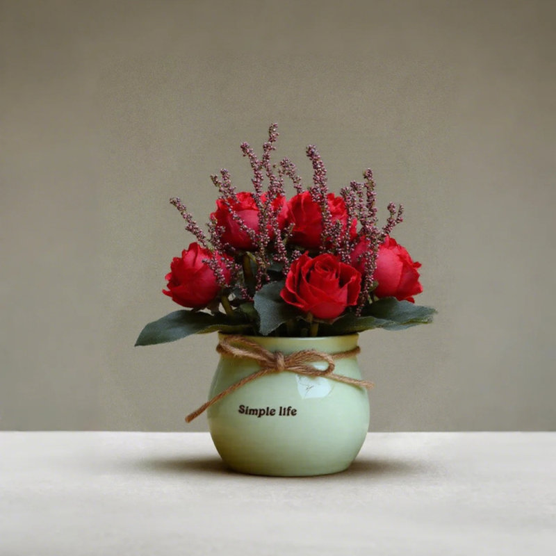 Bouquet de roses artificielles avec vase en céramique, arrangement de fleurs en soie artificielle pour mariage, pendaison de crémaillère et décoration intérieure