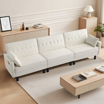 106.3" Convertible Futon Sofa Bed Futon Couch With Adjustable Split Back, Storage Pockets & Pillows, Leather Sleeper Recliner For Living Room Bedroom Office Small Space