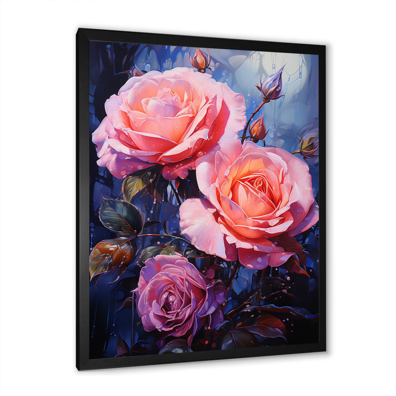 Fleur de néon rose sur toile, H 40 po x l 30 po x P 1,5 po, Cadre simple noir