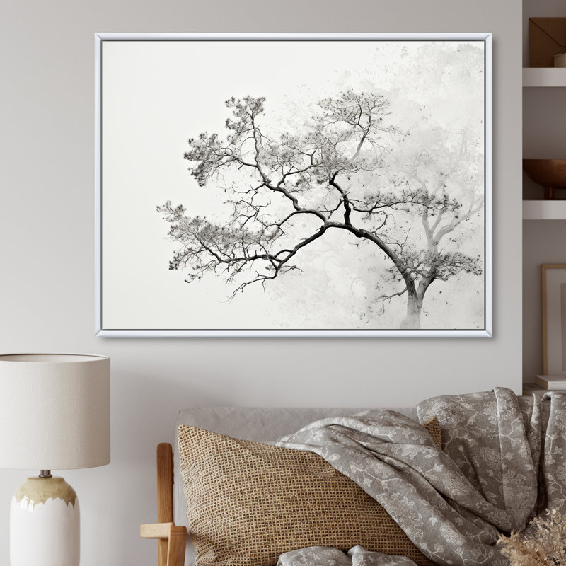 Minimalisme, arbre blanc, rêve de pin sur toile, Cadre flottant blanc, H 24 po x l 32 po x P 1 po