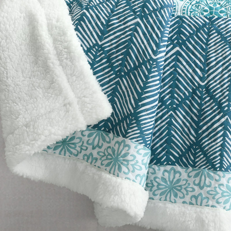 Bohemian Blue and Green Cotton Sherpa Throw Blanket