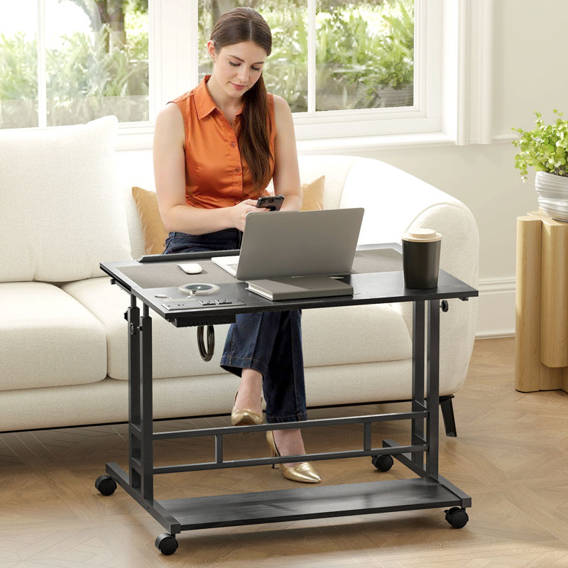 Height Adjustable Standing Desk with Power Outlets, Stand Up Desk with Tiltable Tabletop, Lockable Wheels, Bottom Shelf, Rolling Workstation for Home Office, Black