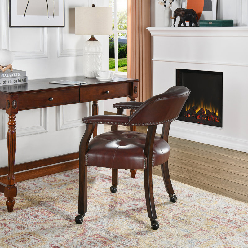 Wexford Collection Mid-Century Modern Upholstered Dining Chair, Faux Leather Wood Accent Chair with Arms and Casters, Single Dining Chair for Dining Room, Vanity or Office