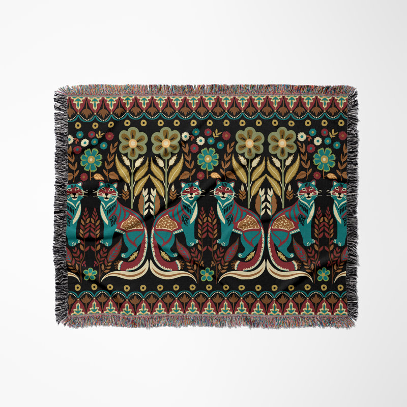 Jeté en mélange de coton Tia Folksy Tiger, Noir / bleu sarcelle / brun / vert, L 60 po x l 50 po