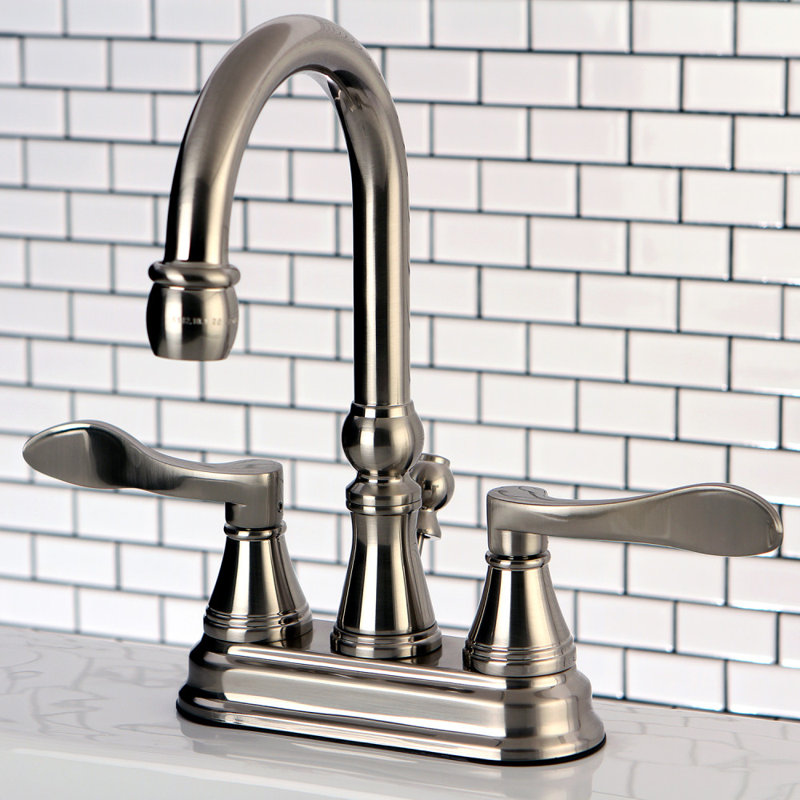 Kingston Brass NuFrench Two-Handle 3-Hole Deck Mount 4" Centerset Bathroom Faucet with Brass Pop-Up, Brushed Nickel