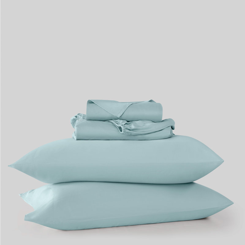 Ensemble de draps en bambou à densité de tissage 300 fils Frye, Ensemble de draps pour grand lit, Bleu ciel