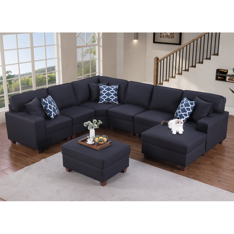 Canapé modulaire en cuir artificiel avec repose-pieds, Similicuir noir