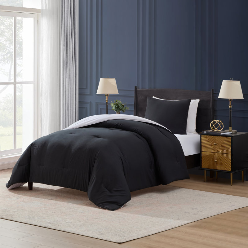 Modern Reversible 2 Piece Comforter Set, Black/White, Twin Comforter + 1 Standard Sham