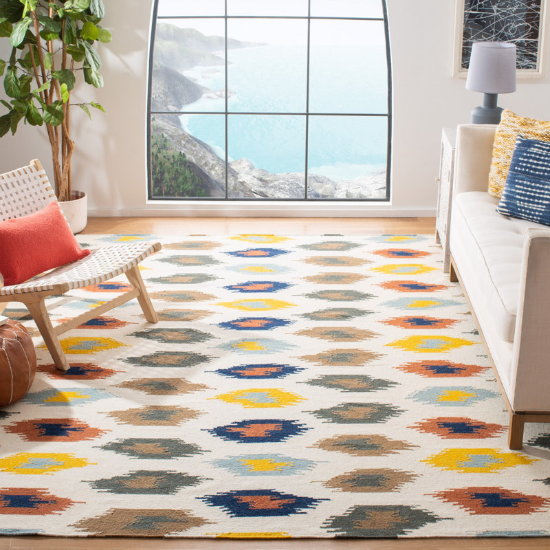 Rodgers Hand Woven Flat Weave Wool/Cotton Ikat Rug in Ivory, Rectangle 6' x 9'
