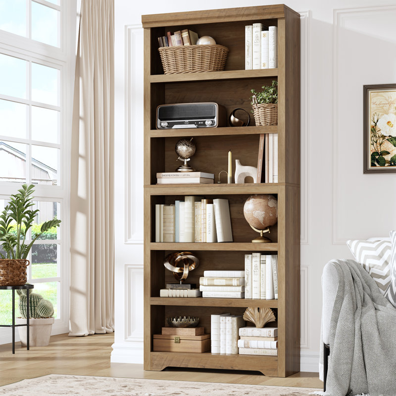 6-Tier Farmhouse Bookcase with Adjustable Shelves, Floor Standing Open Display Storage Rack, Anti-Slip Design, Brown