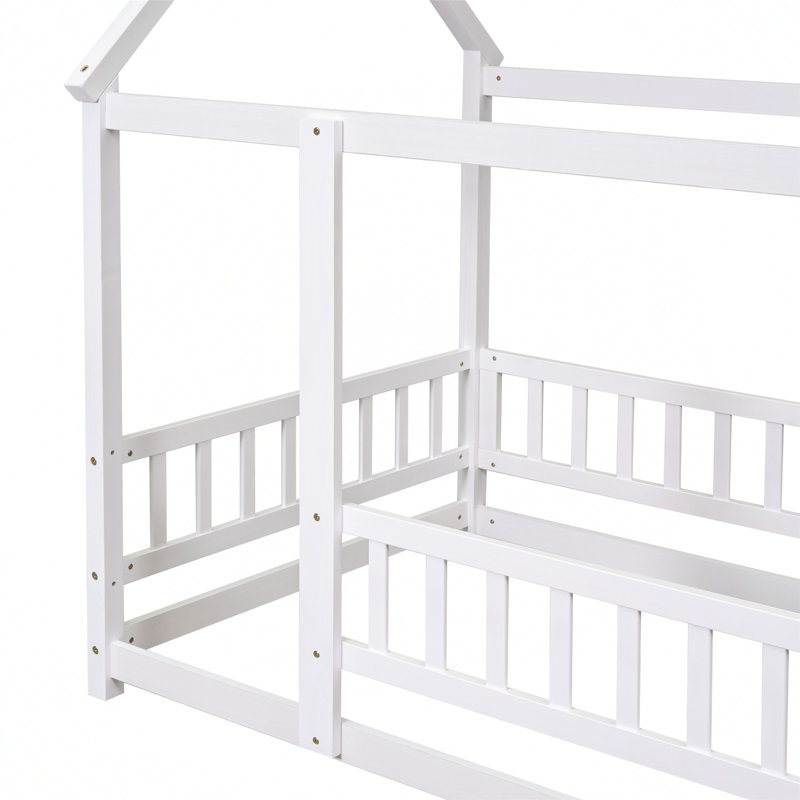 Thendara Floor Bed Frame, Wooden Platform Bed with House Roof Frame and Fence Guardrails, Twin, White