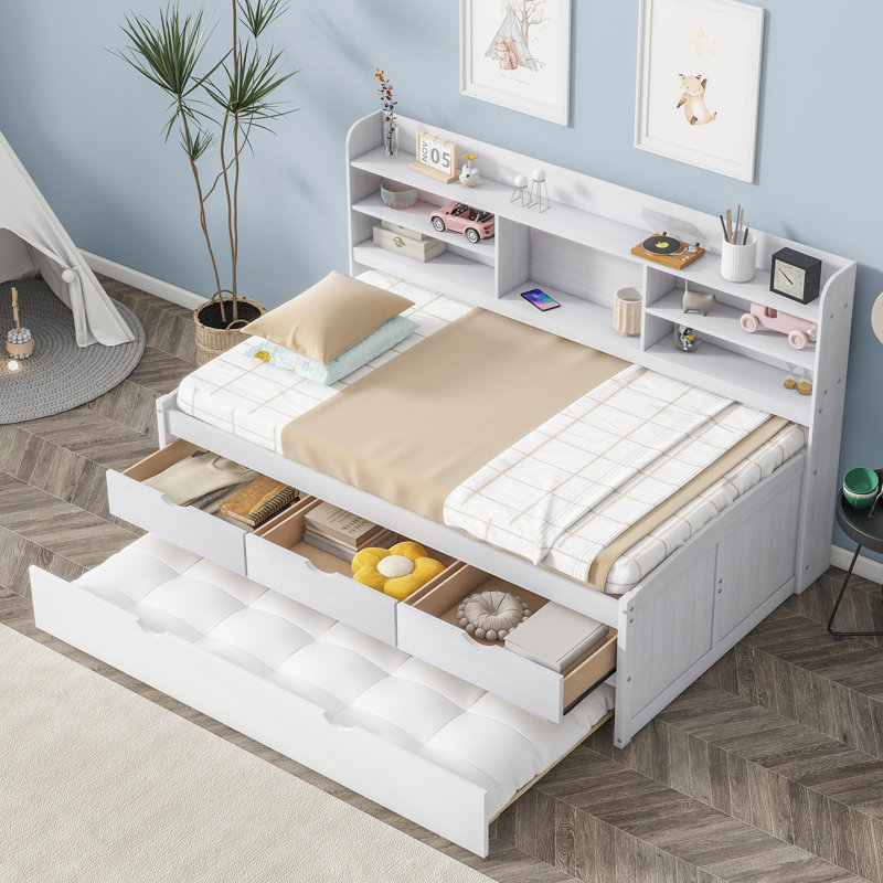 Storage Bed With Trundle, Twin, White Wash