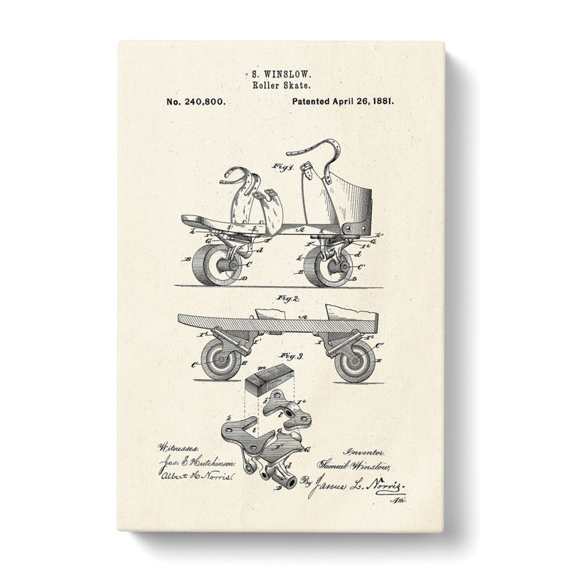 Roller Skate Patent - Wrapped Canvas, 60cm H x 40cm W x 3cm D