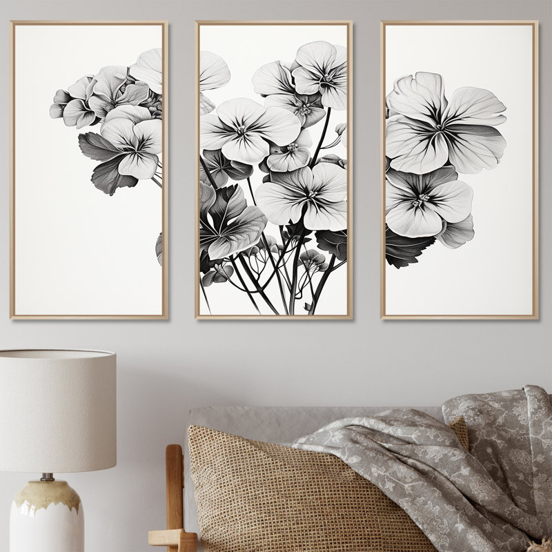 Minimalisme noir et blanc, géraniums - ensemble d'art sur toile géraniums, Cadre naturel flottant, H 40 po x l 60 po x P 1 po