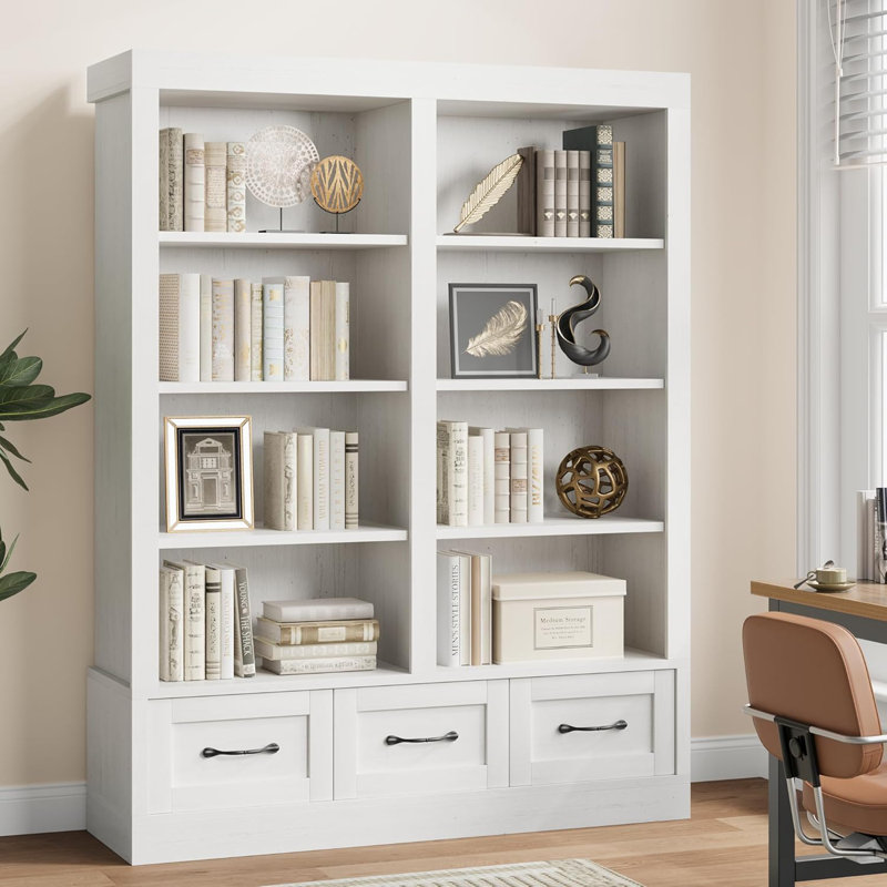 64" H Tall Bookcshelf with 3 Storage Drawers, Tall Bookcase w/ 4 Tier Double Wide Open Shelf, Large Storage Bookcase Wooden Deep Bookshelves for Library Office Living Room