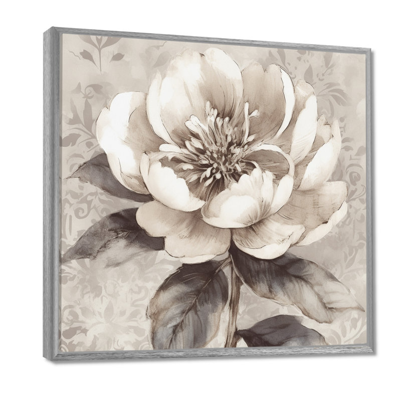 Pivoines grises sur une branche I - pivoines, art mural, H 30 po x l 30 po x P 1 po, Encadrement argenté