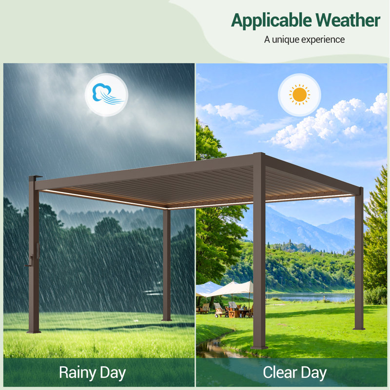 Metal Louvered Pergola with Solar Lights, 14 ft x 12 ft