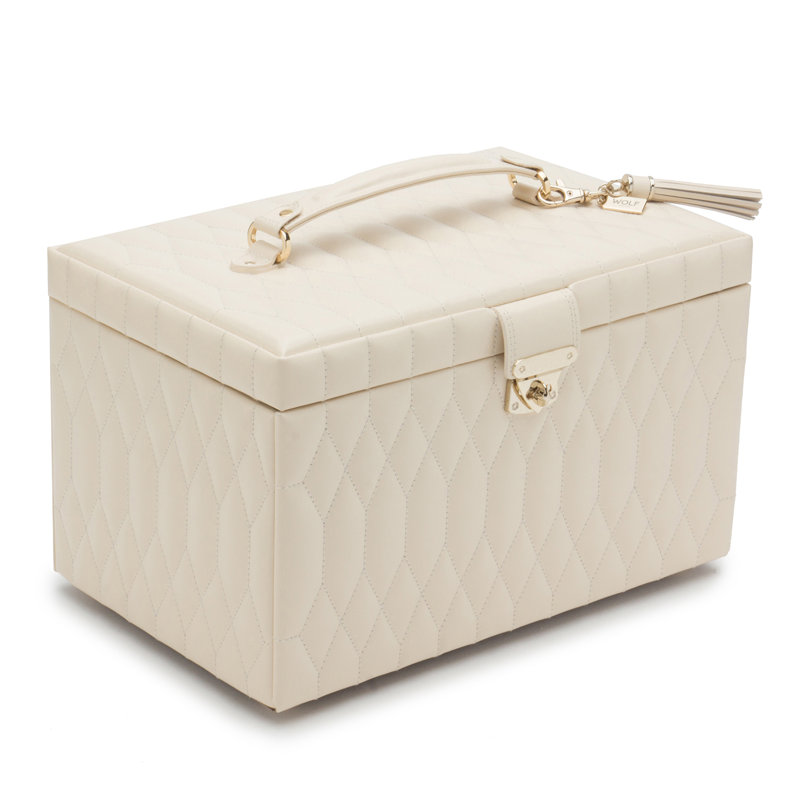 Ivory Quilted Leather Rectangular Jewelry Travel Case