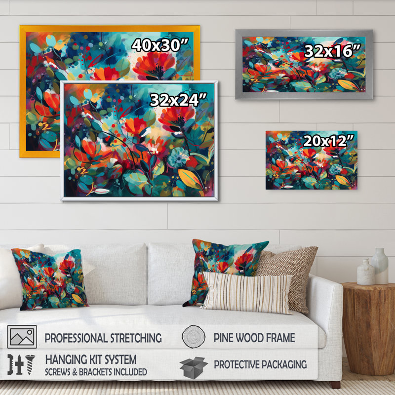 «Rogar Red Vibrant Garden Symphony I», reproduction d'art sur toile florale, Cadre photo noir, H 12 po x l 20 po x P 1 po