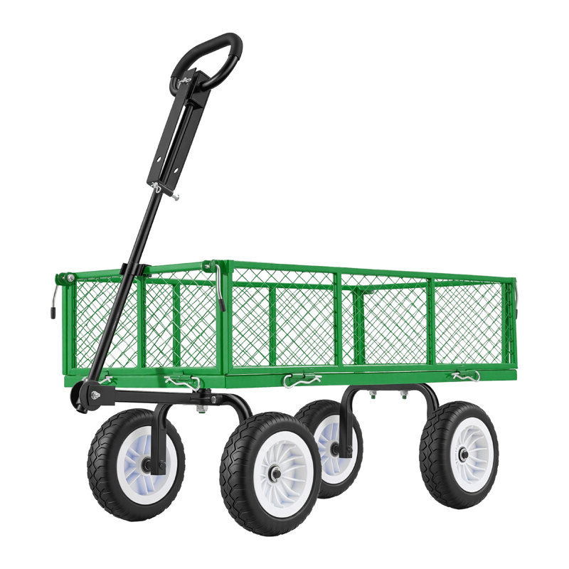 Chariot de jardin en acier robuste avec capacité de 900 lb, pneus sans crevaison de 10 pouces et panneaux latéraux amovibles - Chariot utilitaire vert pour la cour et la ferme