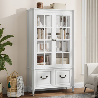 63" Tall Display Cabinet, Modern Farmhouse Curio Cabinet with Glass Doors, 4-Tier Bookcase with 2 Drawers & Adjustable Shelves, Solid Wood Legs