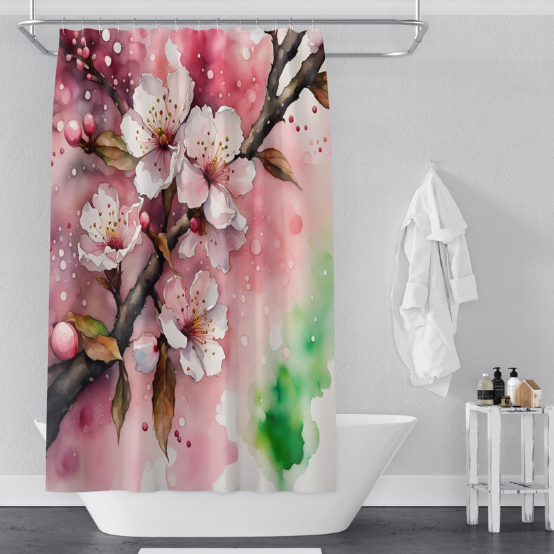 Rideau de douche Floral, H 72 po x l 70 po, Green & Pink Background