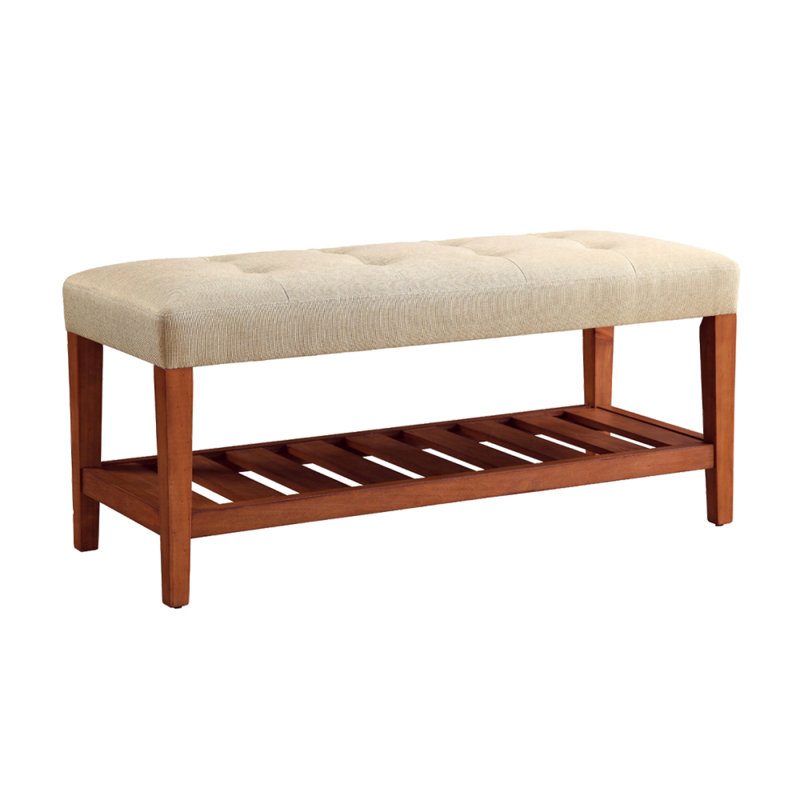 Fabric Upholstered Bench With Open Storage, Beige And Oak, Beige
