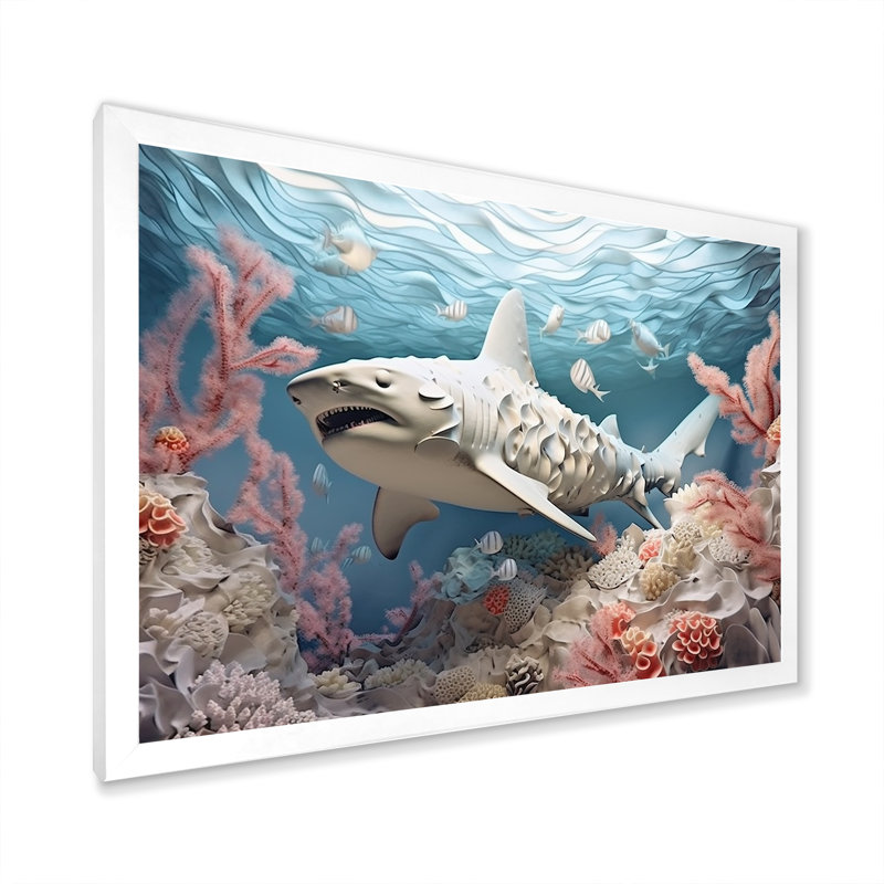 " Coral And Sharks Collage Symetry ", White Single Picture Framed, 34" H x 44" W x 1.5" D